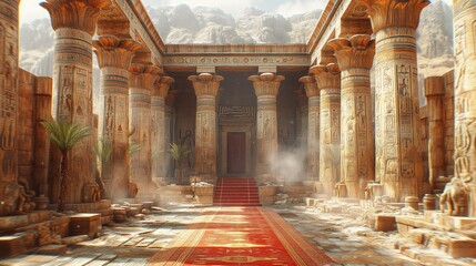 Obraz przedstawiający starożytny korytarz z kolumnami i czerwonym dywanem. - obrazy, fototapety, plakaty