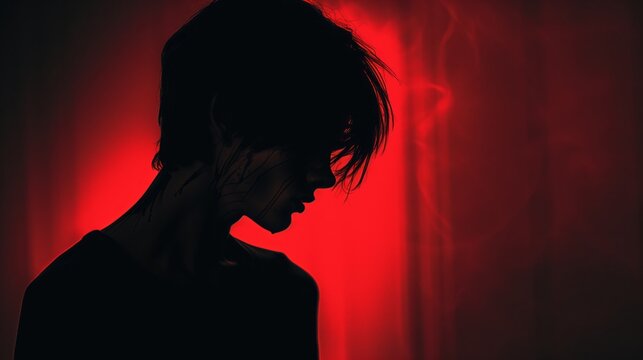 Silhouette side shot of a good looking 18 year old guy, dark hair, t-shirt, ominous atmosphere, black and red