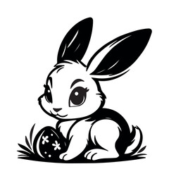 Bunny with Easter egg vector drawing, black silhouette on transparent background, holiday print for stencil
