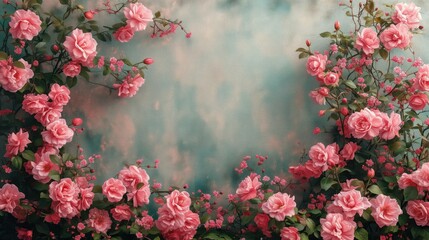 Abstrakcyjny obraz z malowanymi różami w różowym kolorze na niebieskim tle.