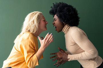 Two diverse females shouting at each other while standing face to face against a green background.