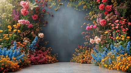 Wspaniały widok ogrodu wypełnionego licznymi kolorowymi kwiatami. Backdrop, Mockup - obrazy, fototapety, plakaty