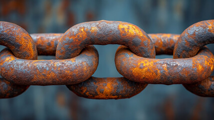 A close-up image depicting a rusted, heavy-duty metal chain, showcasing textures and the inevitable wear of time on industrial materials