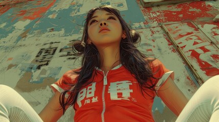 Azjatka w ulicznym stroju, w czerwonej koszulce i białych spodniach stoi na tle grafitti - obrazy, fototapety, plakaty