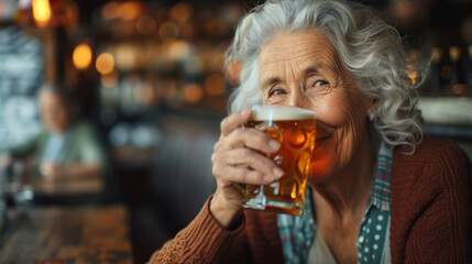 photo of a grandmother drinking beer in a bar