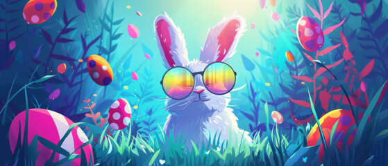 Fototapeta na wymiar enchanted Easter bunny in sunglasses hidden in a mystical forest