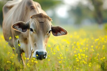 Pastoral Beauty: Indian Cow Freely Grazing Amidst Verdant Grasslands generative ai