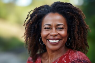 Close up portrait of African woman smiling at the camera outdoors. Middle aged delighted woman standing in a city