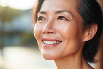 Asian woman smiling at the camera outdoors. Close-up portrait of a cheerful handsome asian woman