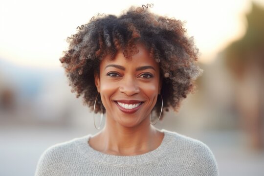 Close up portrait of African woman smiling at the camera outdoors. Middle aged delighted woman standing in a city