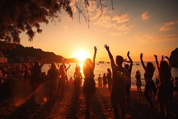 A crowd of people dancing and having fun at a beach party at sunset. Vacation concept. Generated by artificial intelligence