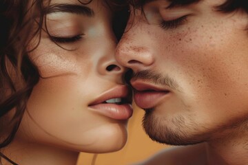 In a passionate embrace, a man and woman share a tender kiss, their human faces pressed together in an expression of love and romance, their skin tingling with the thrill of making out, their eyelash - obrazy, fototapety, plakaty