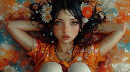 Obraz przedstawiający kobietę z kwiatami we włosach.