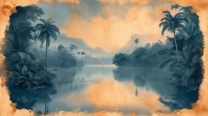 Obraz przedstawiający rzekę otoczoną palmami.