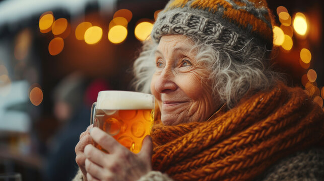photo of a grandmother drinking beer in a bar