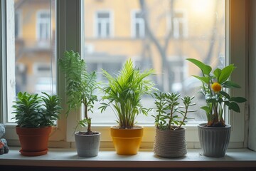 Fototapeta na wymiar A vibrant collection of houseplants sit happily on a windowsill, nestled in flowerpots and vases, adding a touch of life to the indoor space against the backdrop of a wall and table