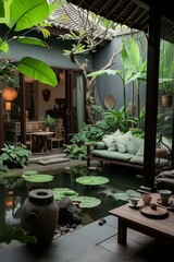 Fototapeta premium Tranquil Oasis: A Monochrome Bali Garden Retreat generative ai