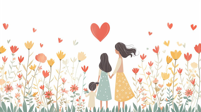 Greeting card designs for Mother's Day and International Women's Day with illustrations, hearts, mother and child, flowers