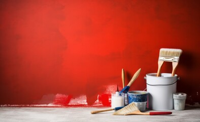 brushes and red  paint