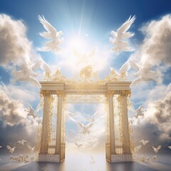 Heavenly Archway: Cloud Photo Backdrop, Gateway to Heaven, Grandparent in Heaven, Spiritual Connection, Ethereal Atmosphere, Heavenly Ascension, Celestial Gateway, Tranquil Serenity, 
