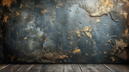Fotografia przedstawia drewnianą podłogę z widocznym zardzewiałym murem w tle.