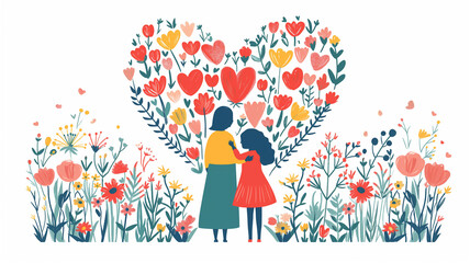 Greeting card designs for Mother's Day and International Women's Day with illustrations, hearts, mother and child, flowers