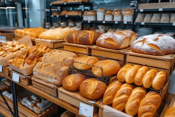 A mouthwatering array of freshly baked goods, from crusty bread rolls to delicate viennoiseries, are artfully displayed in a bustling bakery, tempting customers with the warm aroma of gluten-rich tre - obrazy, fototapety, plakaty