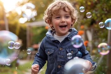 A curious toddler marvels at the shimmering bubbles dancing before his bright, innocent face in the warm outdoor sunlight - obrazy, fototapety, plakaty
