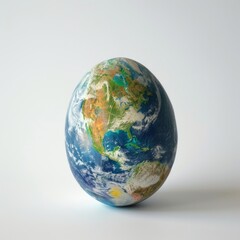 Fototapeta premium Minimalistic earth egg on a white background symbolizing global unity and environmental care. Eco-friendly concept with a globe-patterned egg for Earth Day educational purposes.