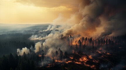 Overview photograph of large scale forest fire, dramatic wild fire engulfing forest seen from above. Effects of climate change on forests. - obrazy, fototapety, plakaty