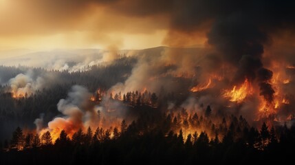 Fototapeta na wymiar Overview photograph of large scale forest fire, dramatic wild fire engulfing forest seen from above. Effects of climate change on forests.