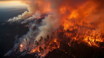 Fototapeta na wymiar Overview photograph of large scale forest fire, dramatic wild fire engulfing forest seen from above