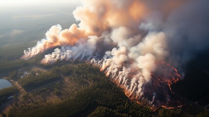 Overview photograph of large scale forest fire, dramatic wild fire engulfing forest seen from above