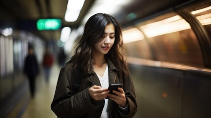 Young asian woman with smartphone in metro waiting  for a train