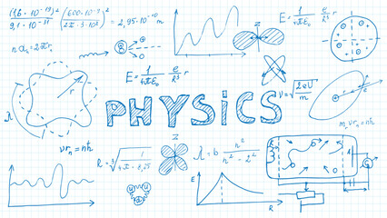Handwritten physics sketch on notebook sheet. Back to school sketch. Nuclear physics