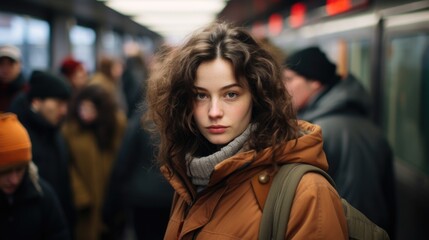 Obraz premium Young caucasian girl in metro waiting for a train