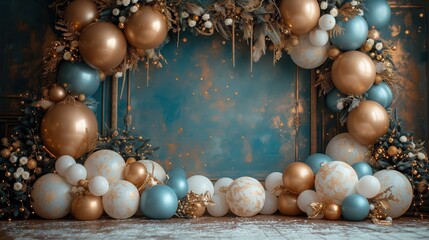 Ściana wystrojona eleganckimi balonami w różnych kształtach i kolorach, złoty, platynowy i biały - obrazy, fototapety, plakaty