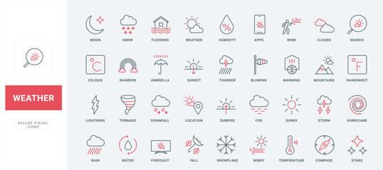 Weather line icons set. Humidity and temperature of Celsius and Fahrenheit, sun and rain from clouds thin black and red outline symbols. Meteorology and climate forecast pictograms vector illustration - obrazy, fototapety, plakaty