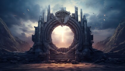 fantasy temporary majestic stone portal to another world - obrazy, fototapety, plakaty