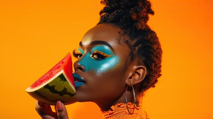 woman's face glowing with vibrant blue makeup, eating a slice of watermelon