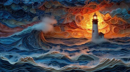 Malarstwo przedstawiające latarnię morską otoczoną wzburzonymi falami. - obrazy, fototapety, plakaty