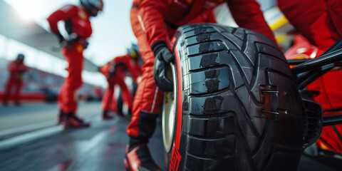 Pit crew holding tires in formula 1 pit lane