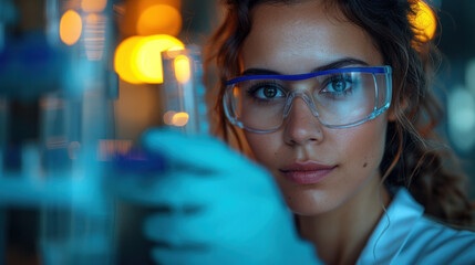 female scientist holding a test tube vith danger virus with a solution in gloves in a research lab or doing chemical experiments