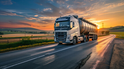 Fuel Tanker Truck on the Move at Sunset