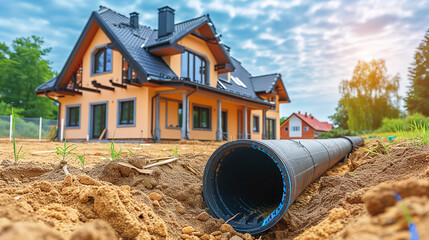 installation of sewer plastic pipe during house construction - obrazy, fototapety, plakaty