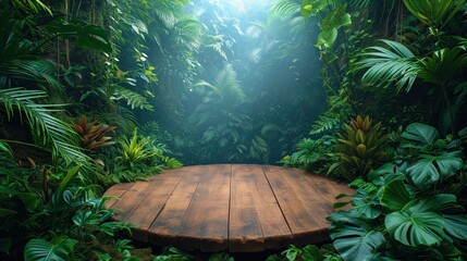 Drewniana platforma otoczona dżunglą.