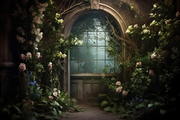 Fototapeta na wymiar Enchanted Forest: Greenery Floral Backdrop, Fantasy Environment, Ancient Columns, Lush Greenery, Mystical Atmosphere, Magical Forest, Ethereal Beauty, Whimsical Setting, Nature's Splendor