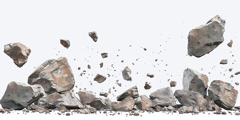 stones and construction debris falling on a white background