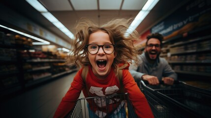 Caucasian parent man with kid have fun in supermarket basket - obrazy, fototapety, plakaty