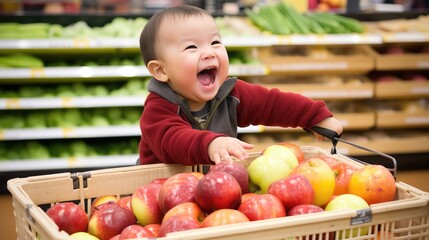 Fototapeta premium Youth asian boy with apple basket in supermarket